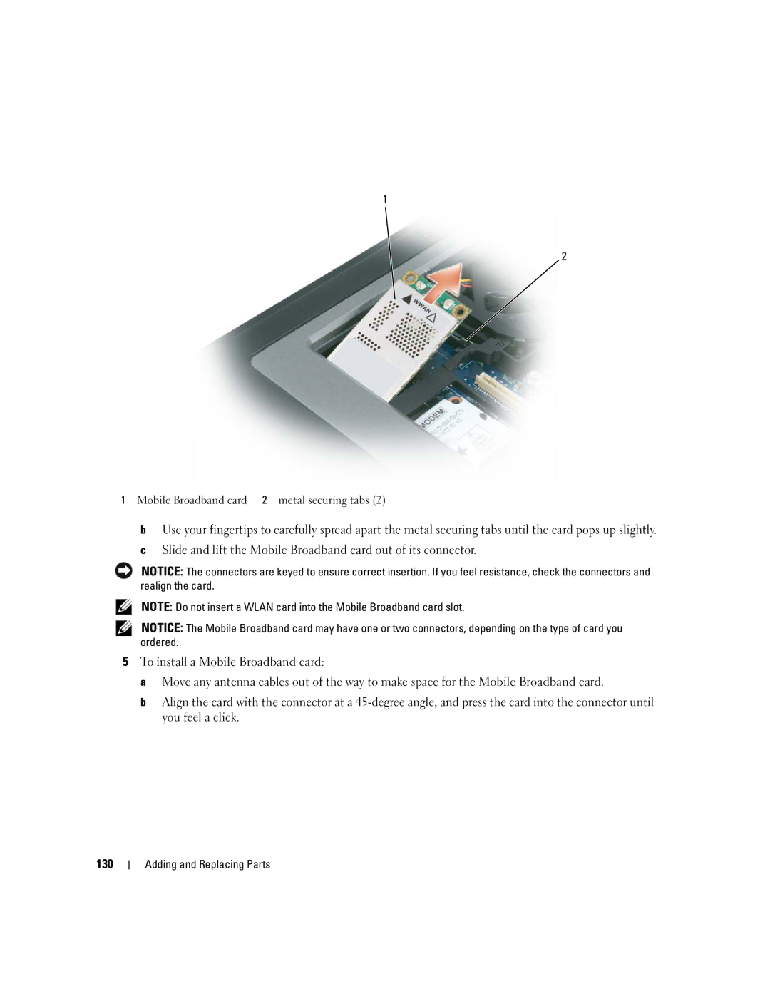 Dell PP24L manual Mobile Broadband card 2 metal securing tabs 