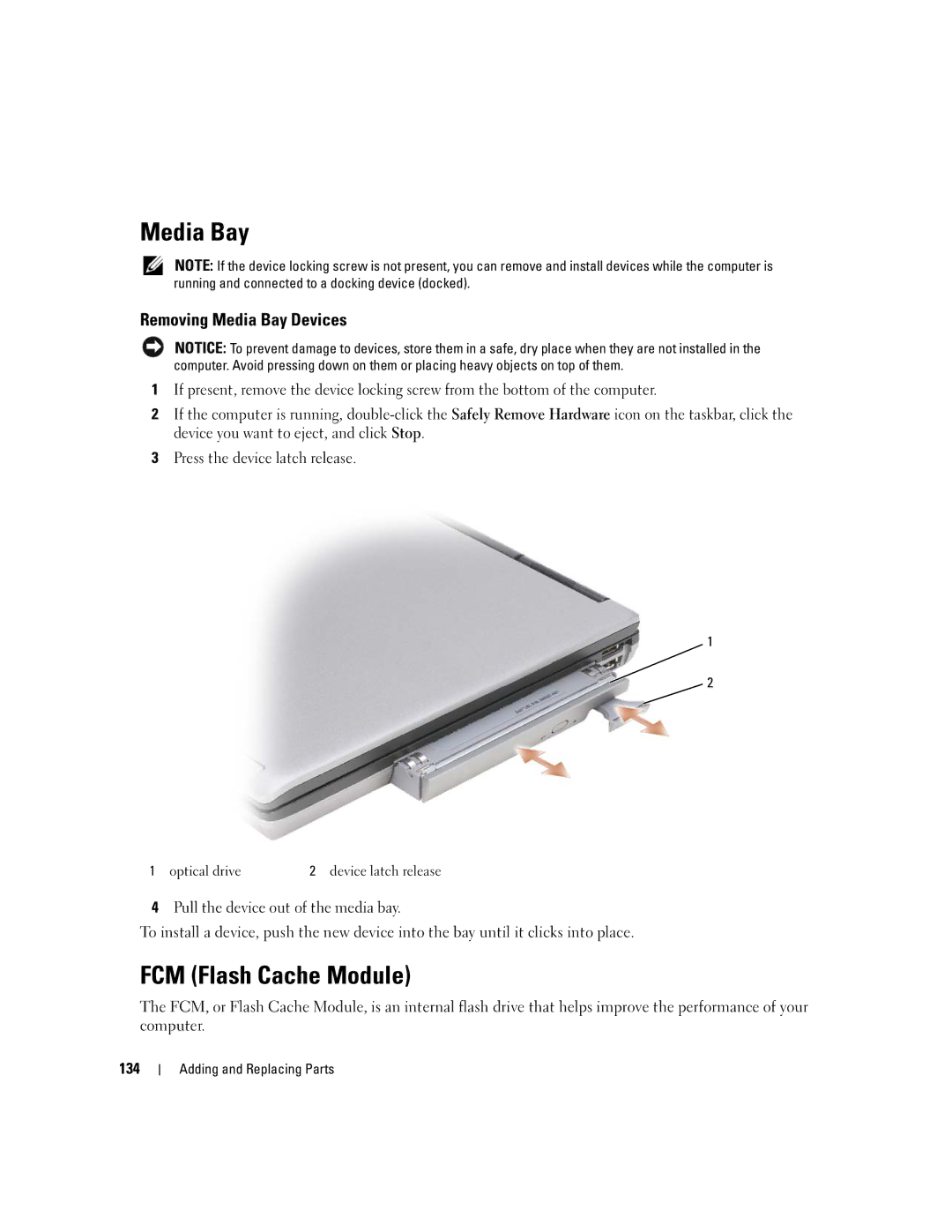 Dell PP24L manual FCM Flash Cache Module, Removing Media Bay Devices, Optical drive 