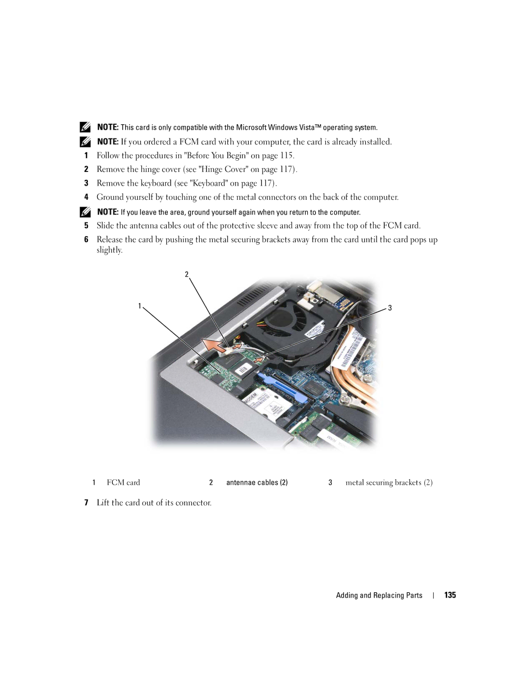 Dell PP24L manual Lift the card out of its connector, 135, FCM card Antennae cables 