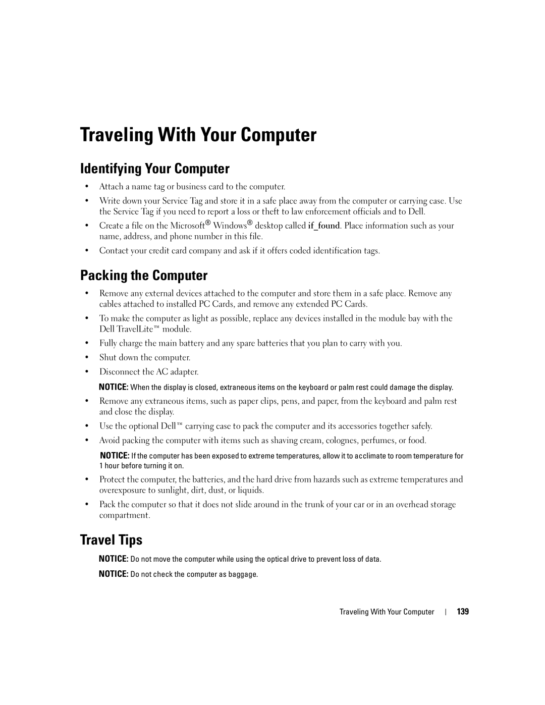 Dell PP24L manual Traveling With Your Computer, Identifying Your Computer, Packing the Computer, Travel Tips 