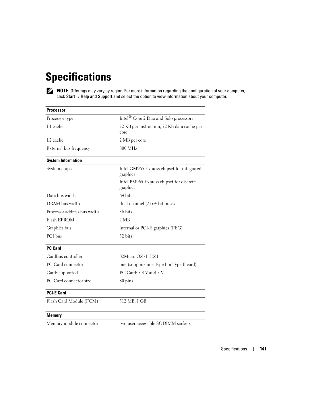 Dell PP24L manual Specifications, 141, Core, Graphics, Intel PM965 Express chipset for discrete 