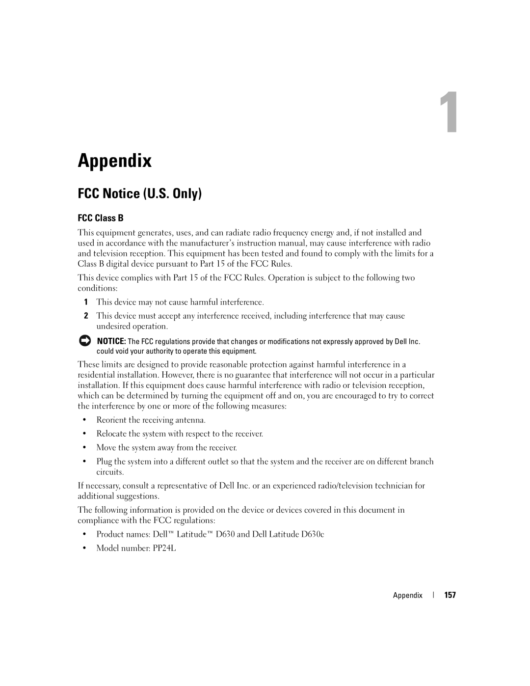 Dell PP24L manual Appendix, FCC Notice U.S. Only, FCC Class B, 157 