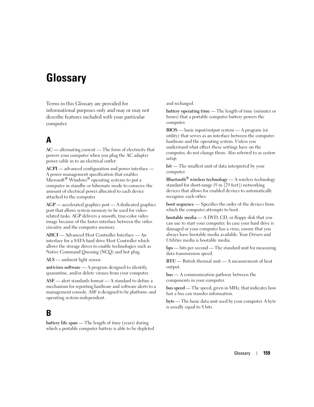 Dell PP24L manual Glossary, 159, ALS ambient light sensor 