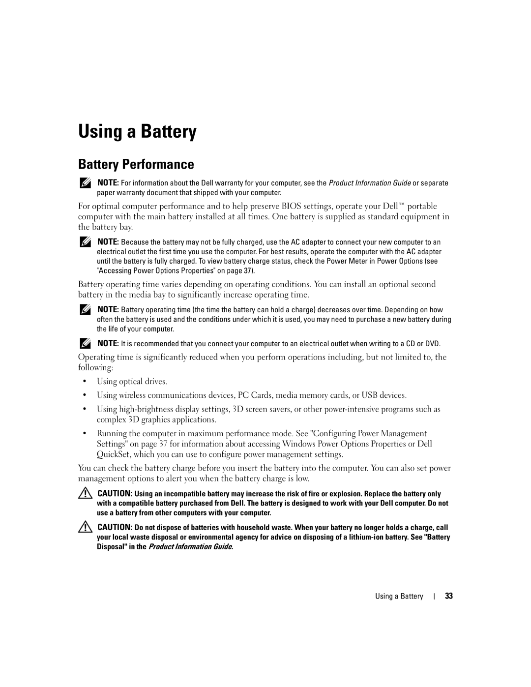 Dell PP24L manual Using a Battery, Battery Performance 