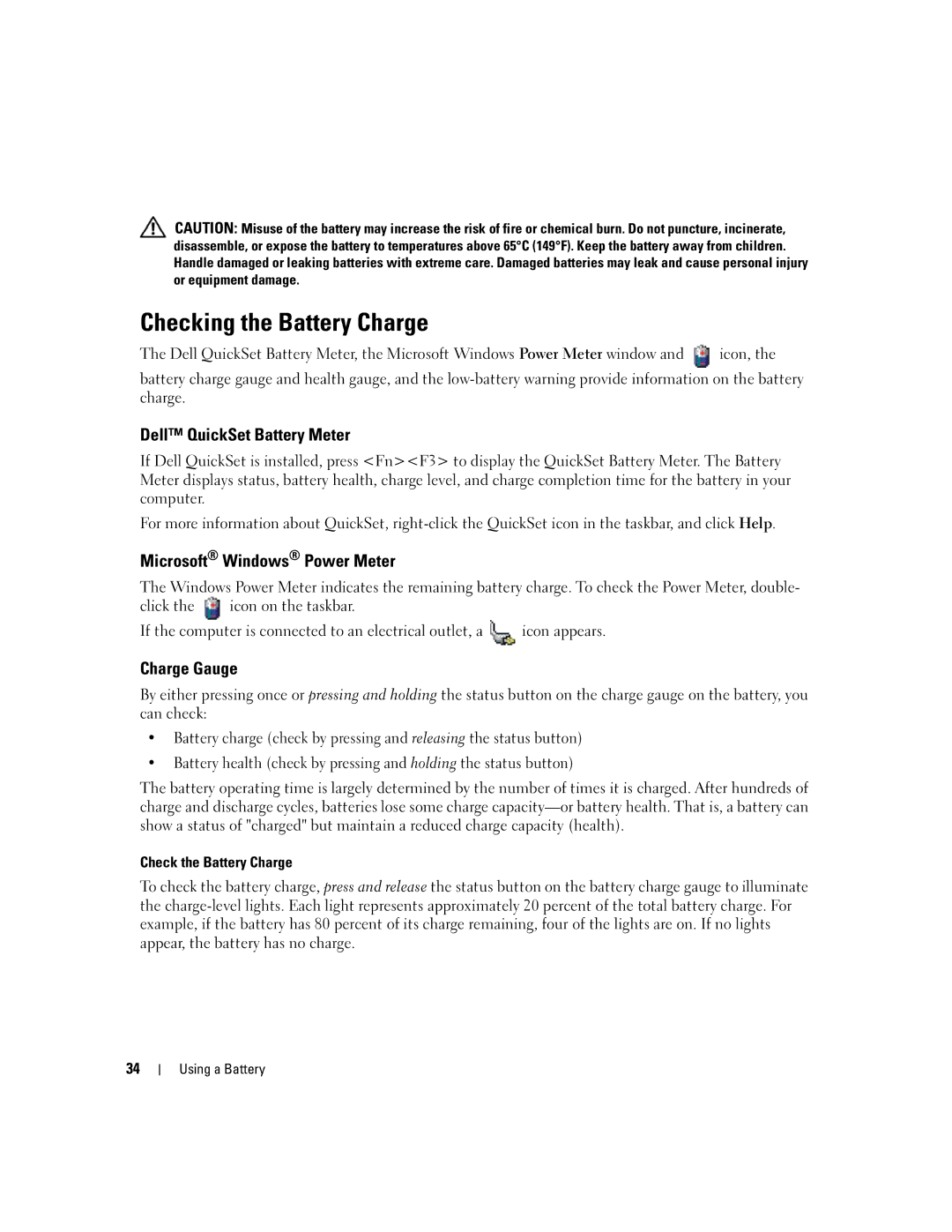 Dell PP24L manual Checking the Battery Charge, Dell QuickSet Battery Meter, Microsoft Windows Power Meter, Charge Gauge 