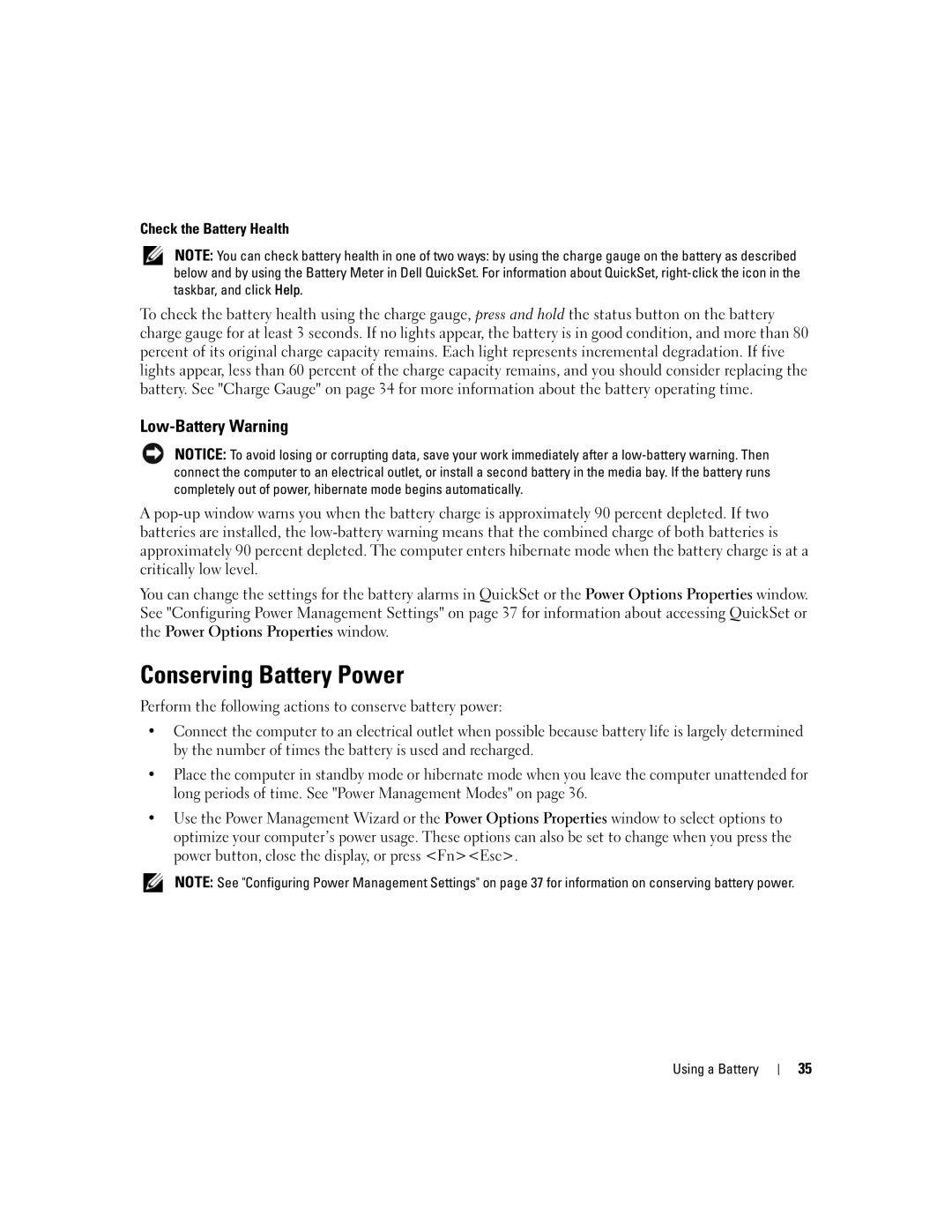 Dell PP24L manual Conserving Battery Power, Low-Battery Warning, Check the Battery Health 