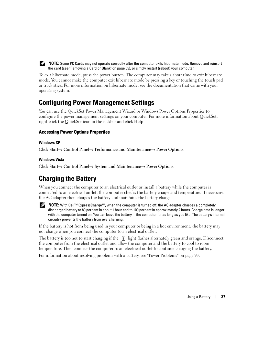 Dell PP24L manual Configuring Power Management Settings, Charging the Battery, Accessing Power Options Properties 