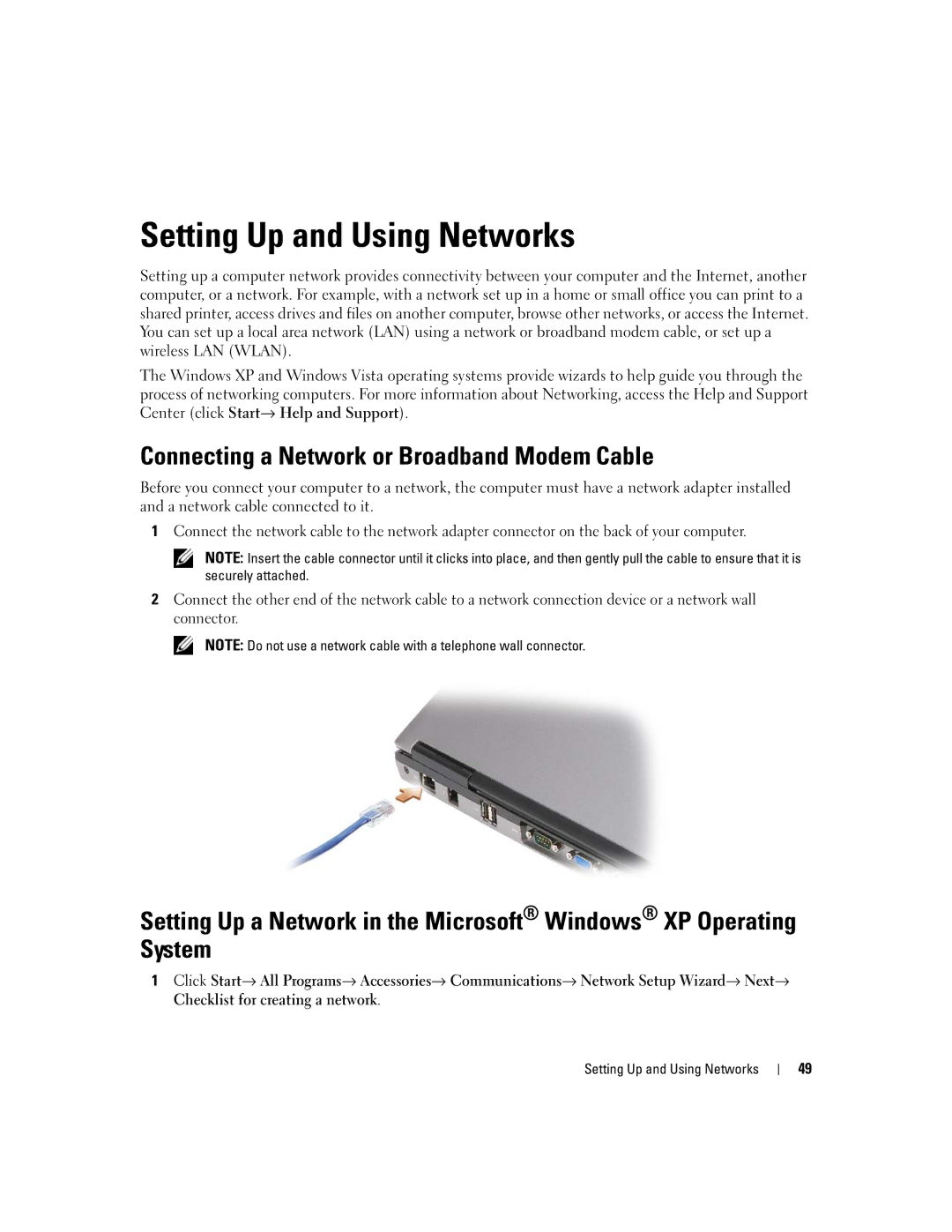 Dell PP24L manual Setting Up and Using Networks, Connecting a Network or Broadband Modem Cable 