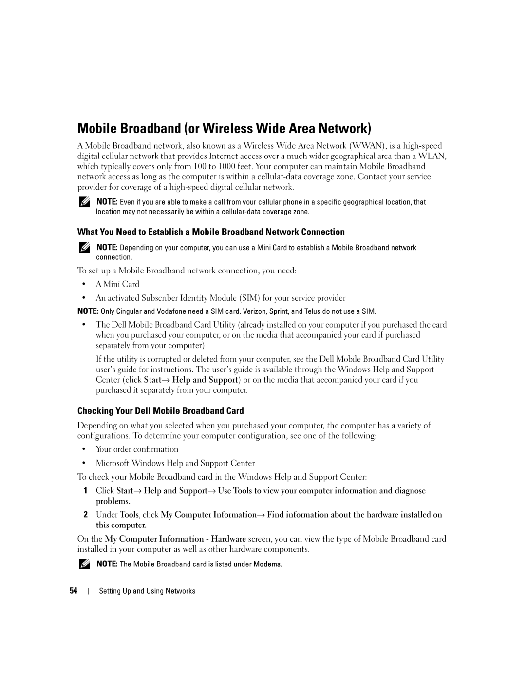 Dell PP24L manual Mobile Broadband or Wireless Wide Area Network, Checking Your Dell Mobile Broadband Card 