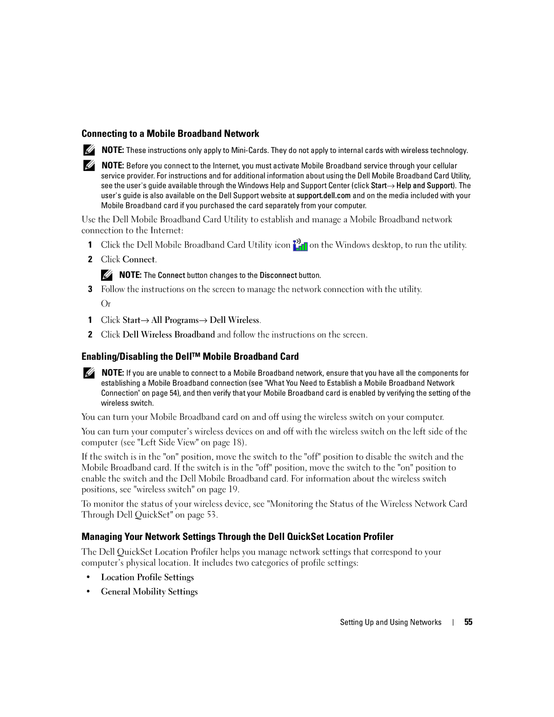 Dell PP24L manual Connecting to a Mobile Broadband Network, Enabling/Disabling the Dell Mobile Broadband Card 