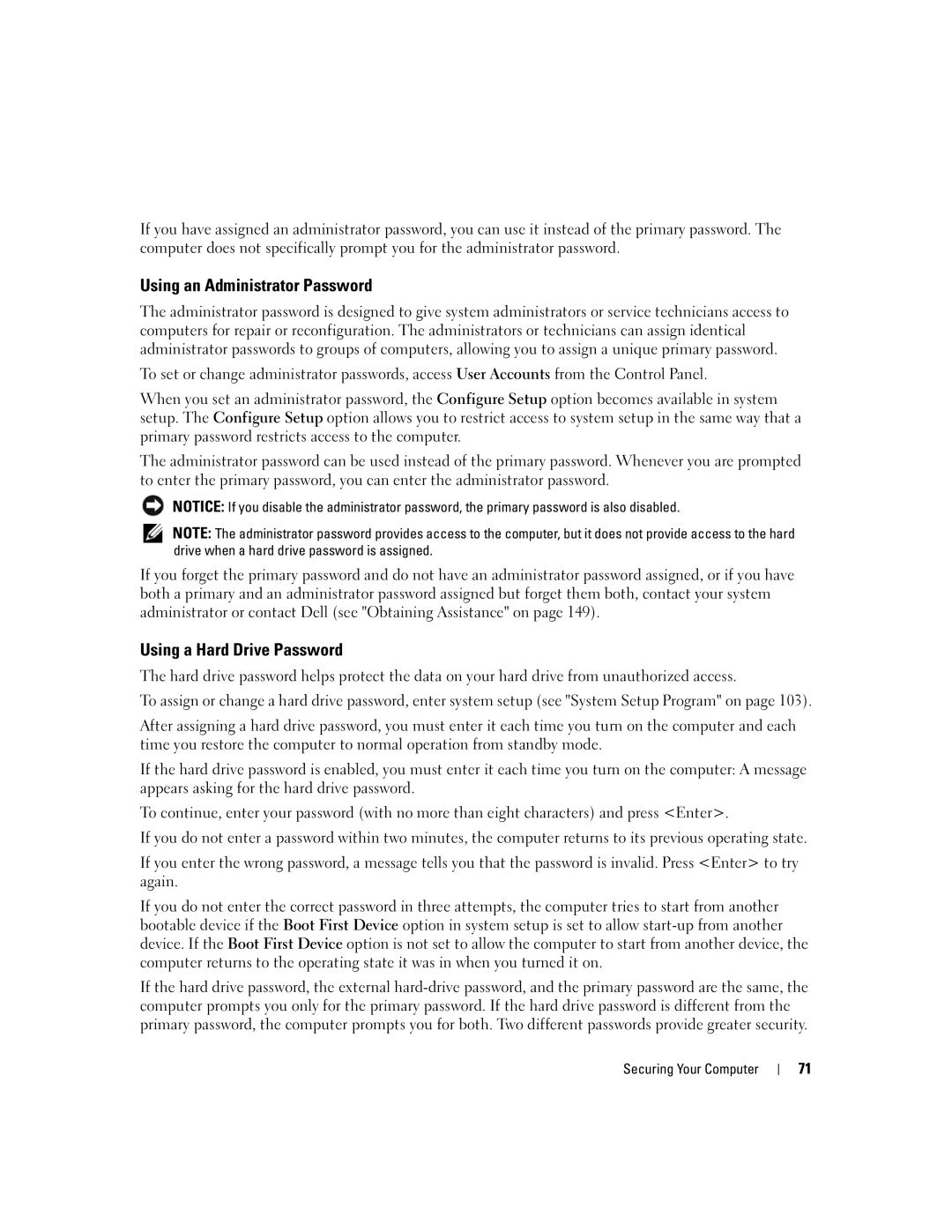 Dell PP24L manual Using an Administrator Password, Using a Hard Drive Password 