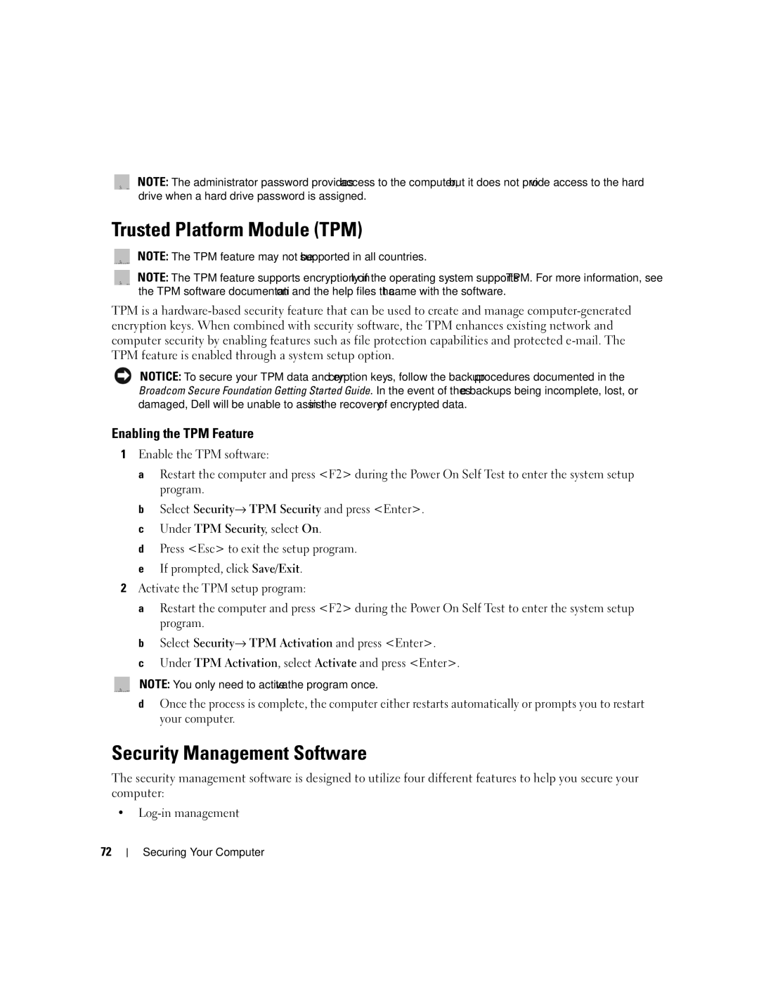 Dell PP24L manual Trusted Platform Module TPM, Security Management Software, Enabling the TPM Feature 