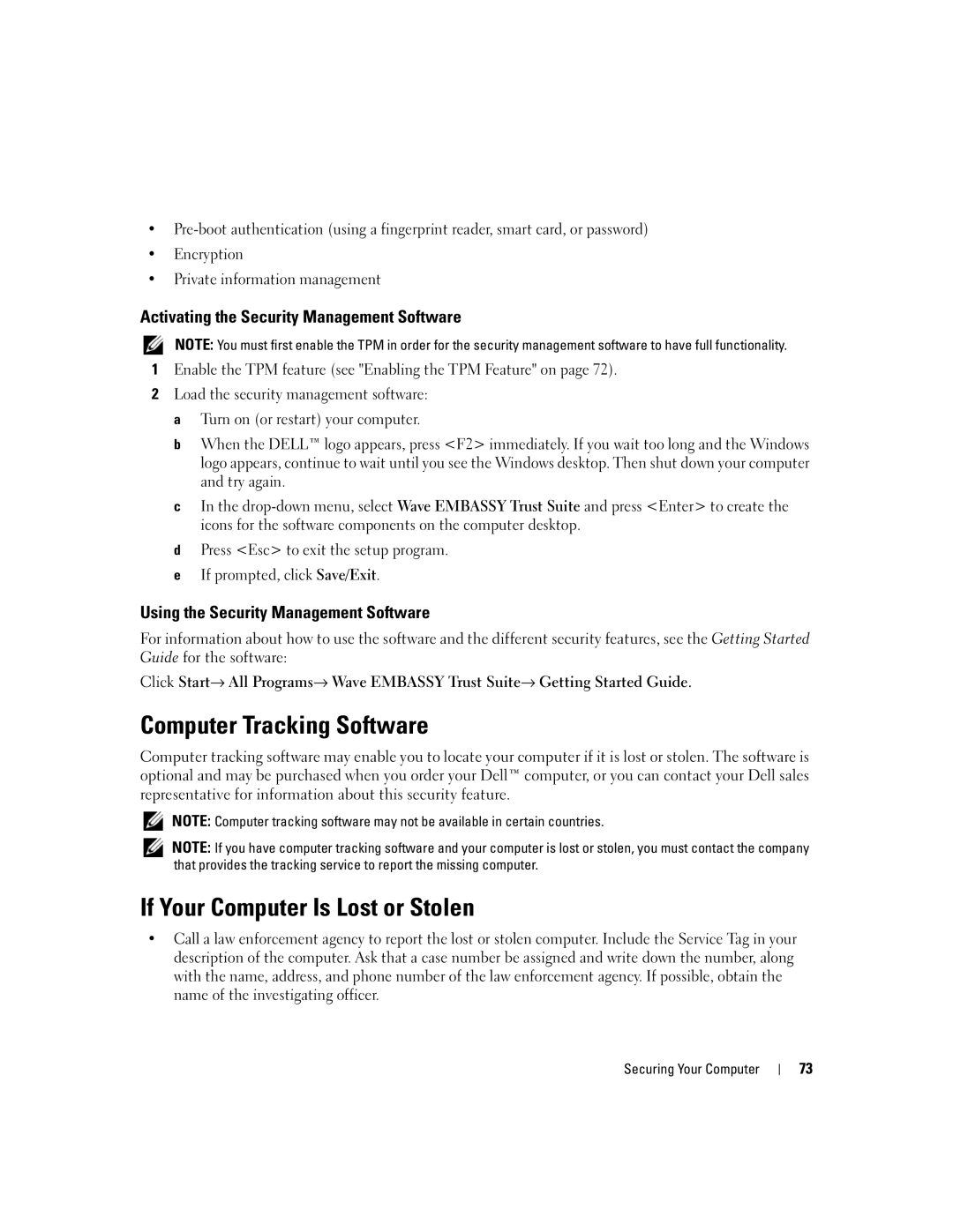 Dell PP24L Computer Tracking Software, If Your Computer Is Lost or Stolen, Activating the Security Management Software 