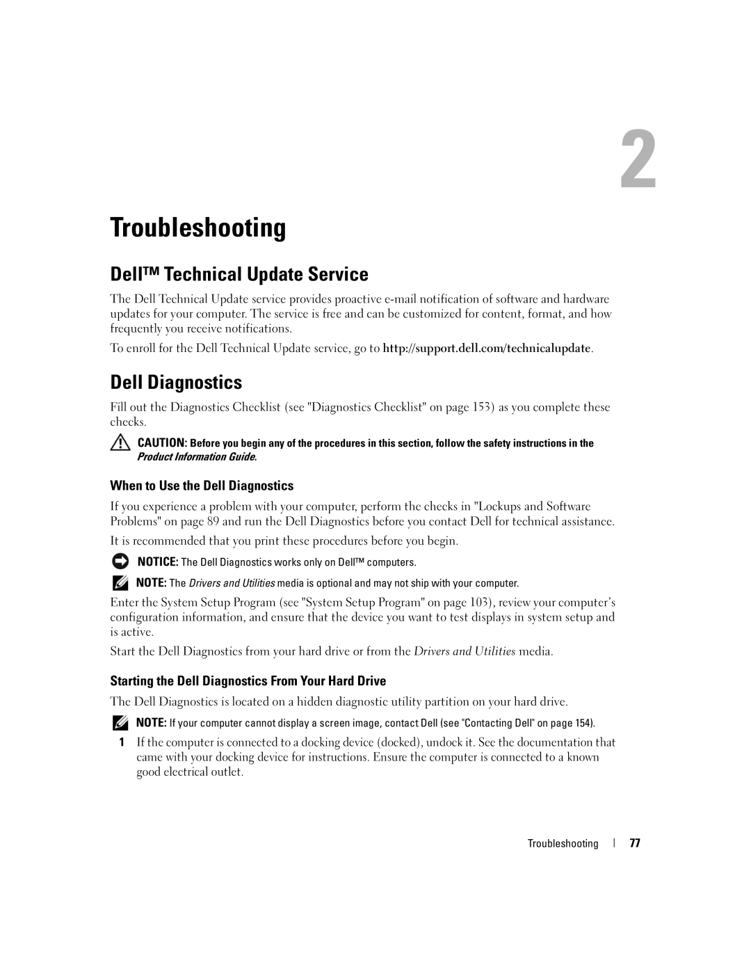 Dell PP24L manual Troubleshooting, Dell Technical Update Service, When to Use the Dell Diagnostics 