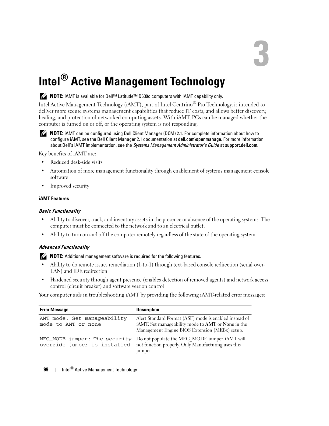 Dell PP24L manual Intel Active Management Technology, Basic Functionality, Advanced Functionality, Error Message 