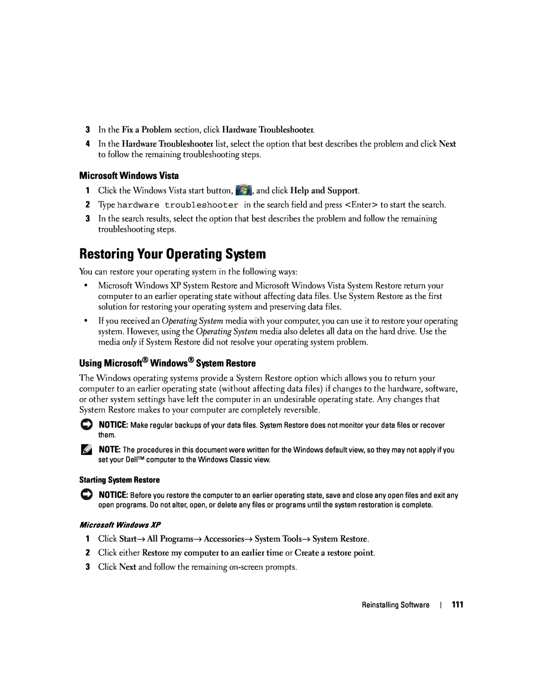 Dell PP24L manual Restoring Your Operating System, Microsoft Windows Vista, Using Microsoft Windows System Restore 
