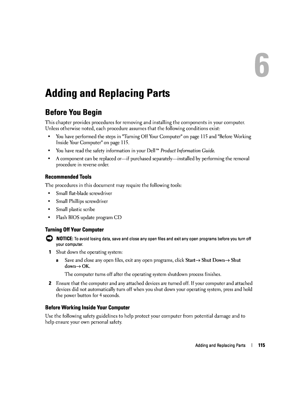 Dell PP24L manual Adding and Replacing Parts, Before You Begin, Recommended Tools, Turning Off Your Computer 