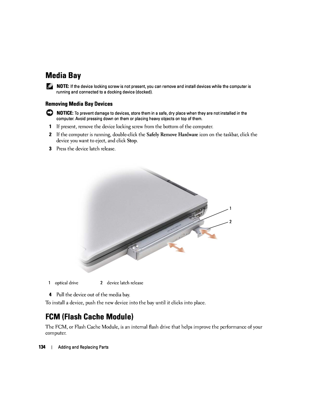 Dell PP24L manual FCM Flash Cache Module, Removing Media Bay Devices 