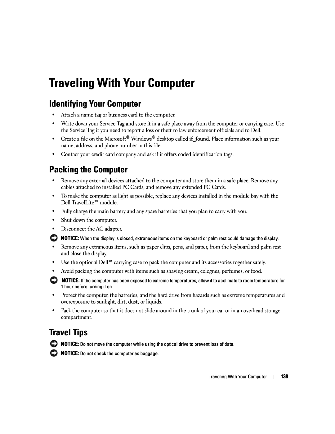 Dell PP24L manual Traveling With Your Computer, Identifying Your Computer, Packing the Computer, Travel Tips 