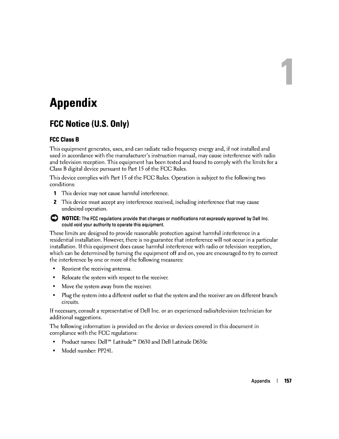 Dell PP24L manual Appendix, FCC Notice U.S. Only, FCC Class B 