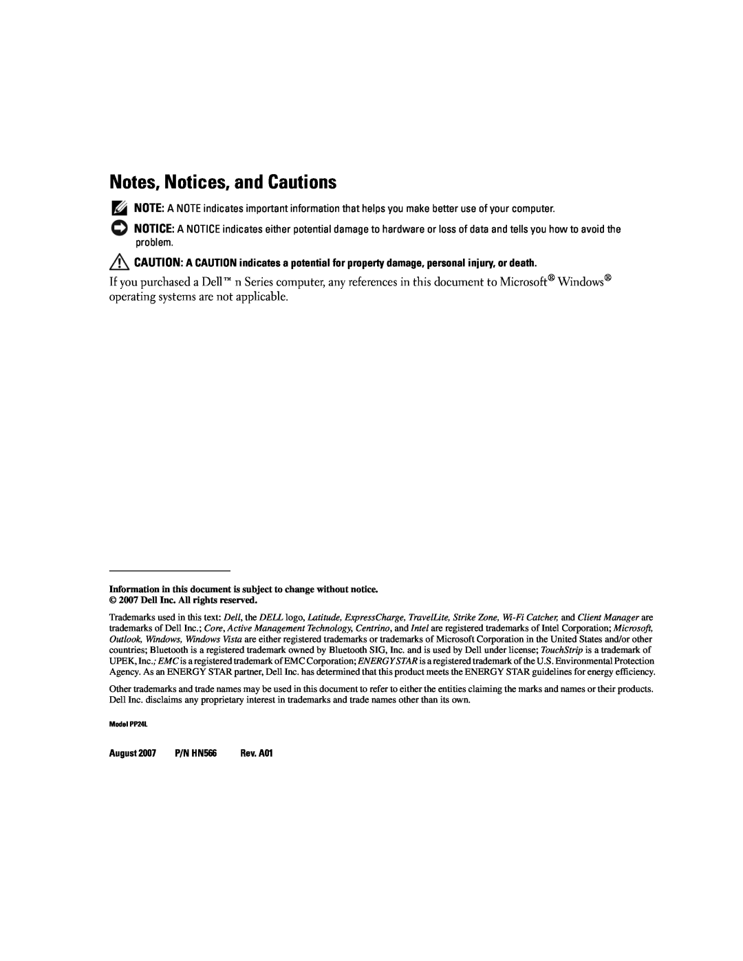 Dell PP24L manual Notes, Notices, and Cautions, August, P/N HN566 