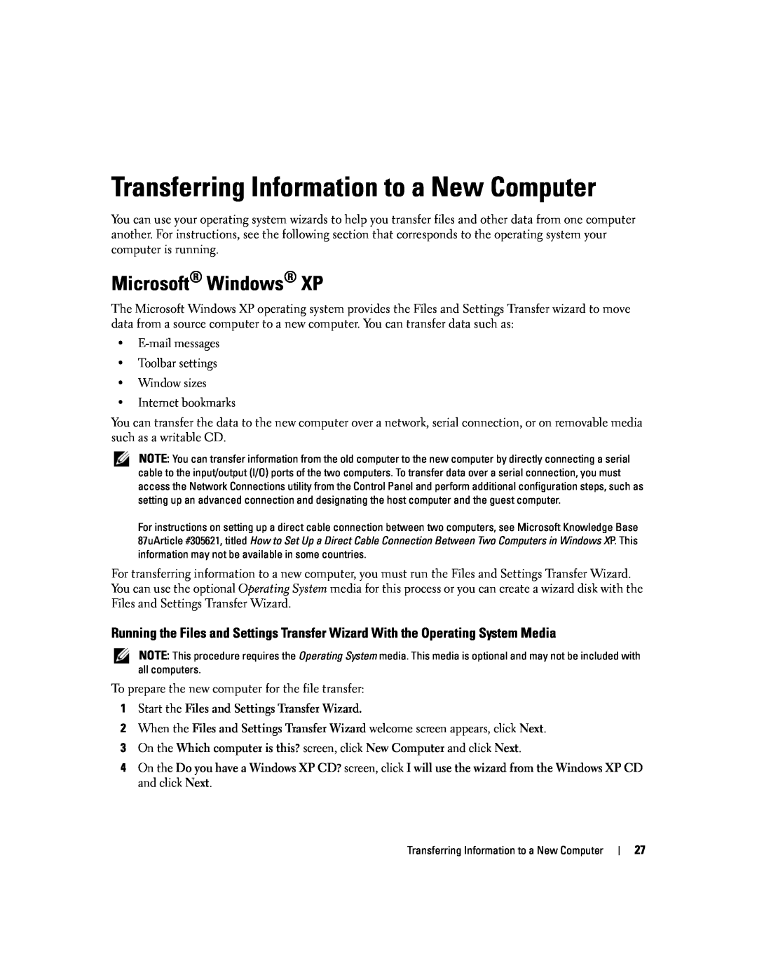 Dell PP24L manual Transferring Information to a New Computer, Microsoft Windows XP 