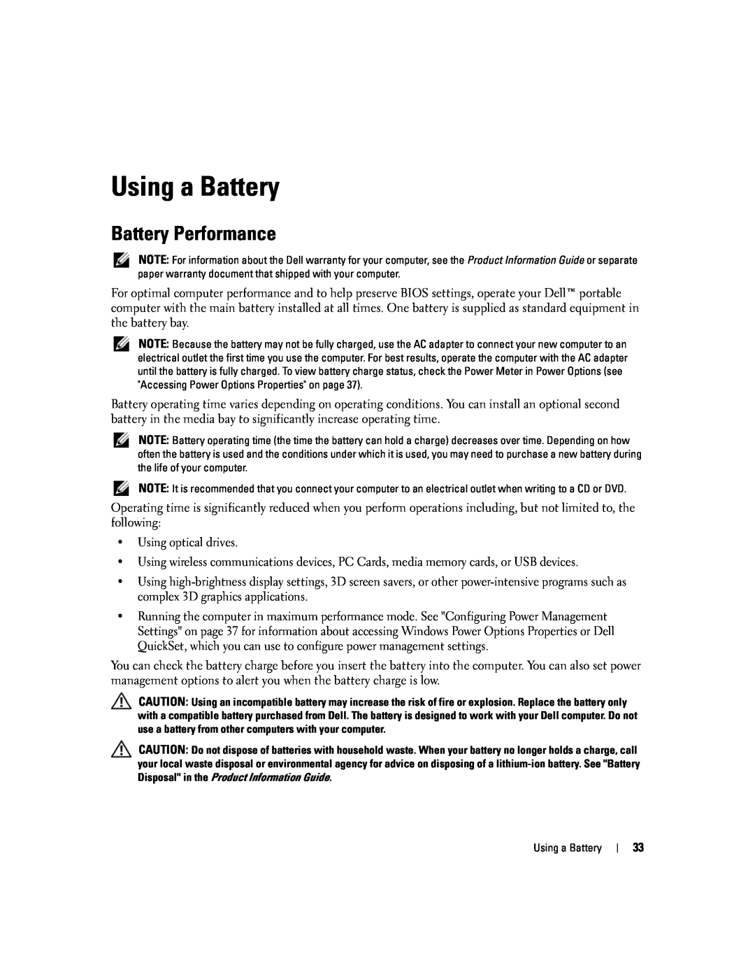 Dell PP24L manual Using a Battery, Battery Performance 