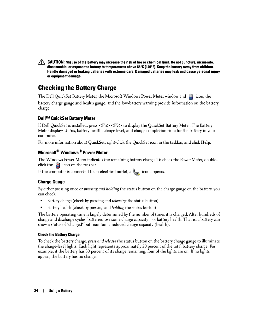 Dell PP24L manual Checking the Battery Charge, Dell QuickSet Battery Meter, Microsoft Windows Power Meter, Charge Gauge 