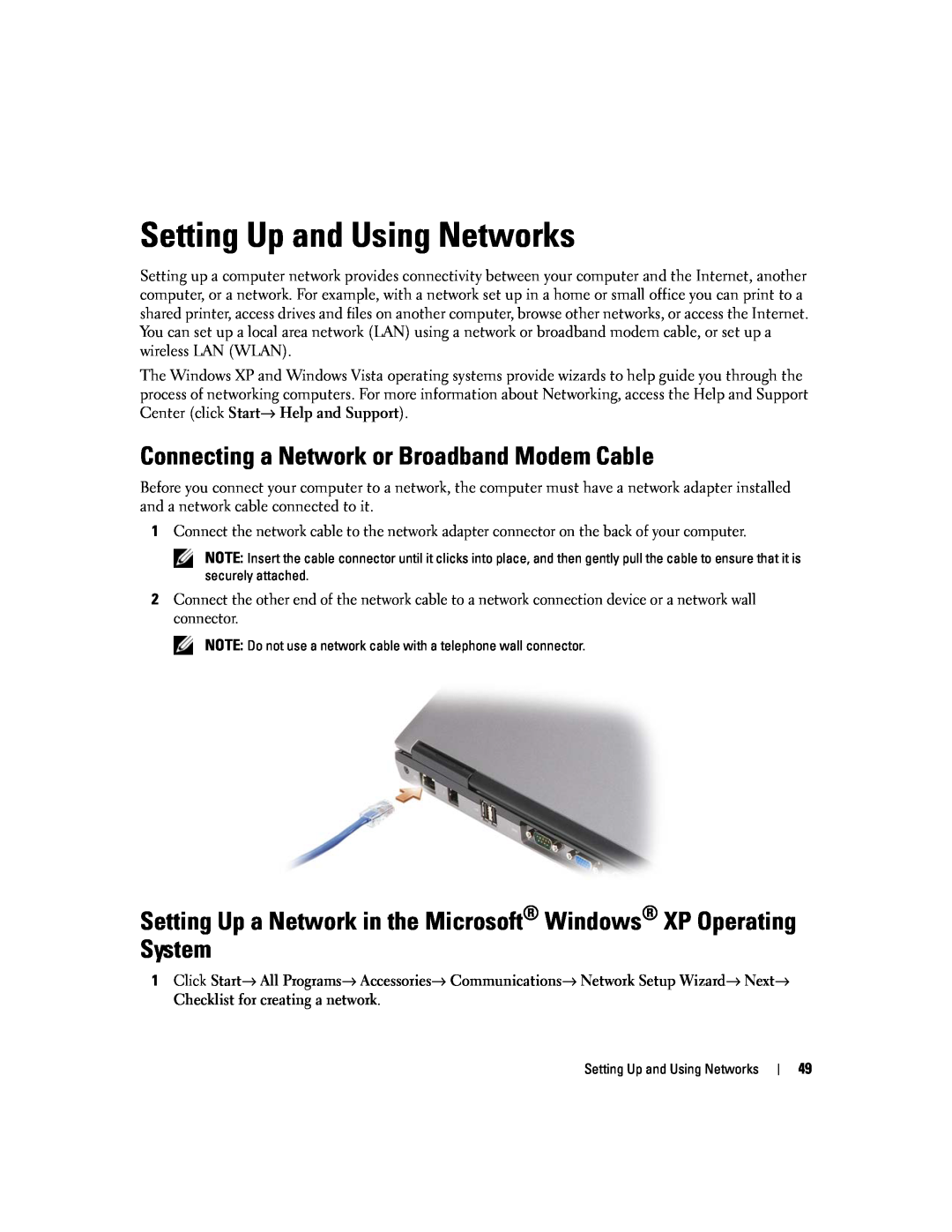 Dell PP24L manual Setting Up and Using Networks, Connecting a Network or Broadband Modem Cable 