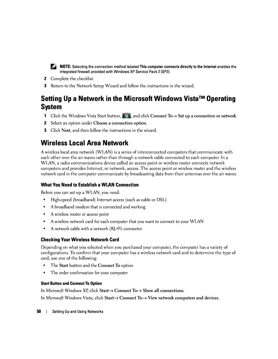 Dell PP24L manual Setting Up a Network in the Microsoft Windows Vista Operating System, Wireless Local Area Network 