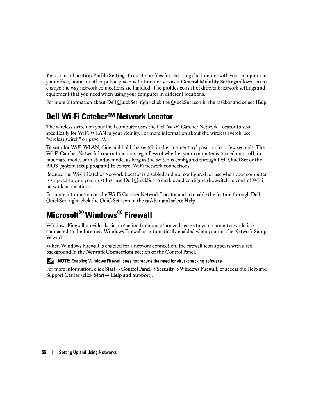 Dell PP24L manual Dell Wi-Fi Catcher Network Locator, Microsoft Windows Firewall 