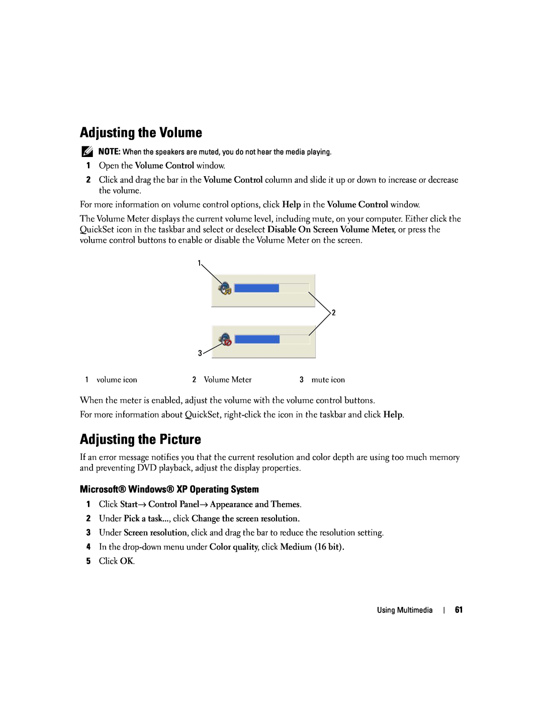 Dell PP24L manual Adjusting the Volume, Adjusting the Picture, Microsoft Windows XP Operating System 