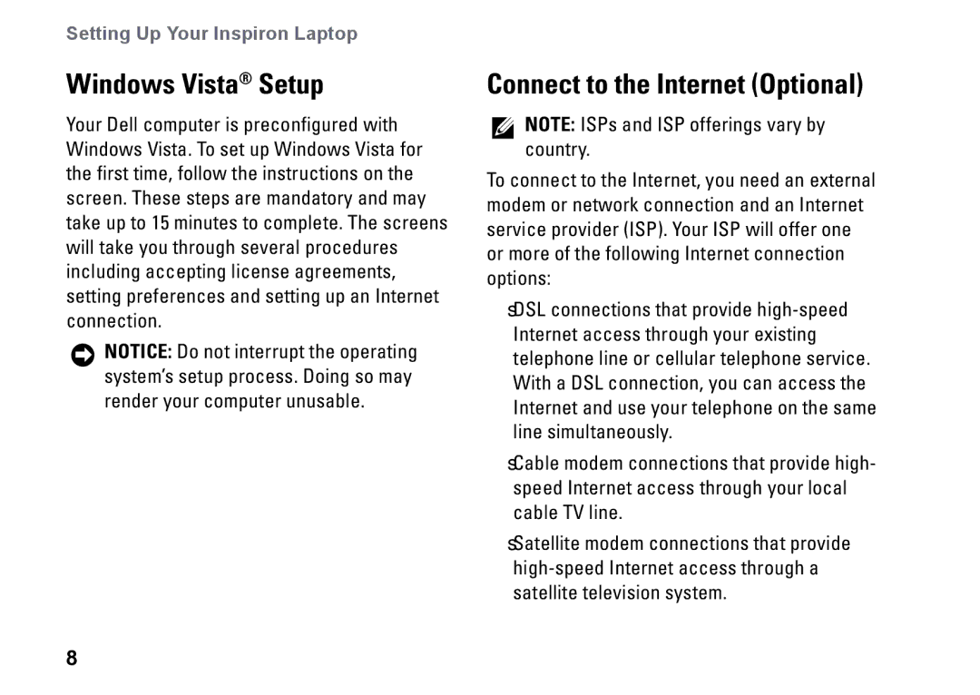 Dell PP25L setup guide Windows Vista Setup, Connect to the Internet Optional 