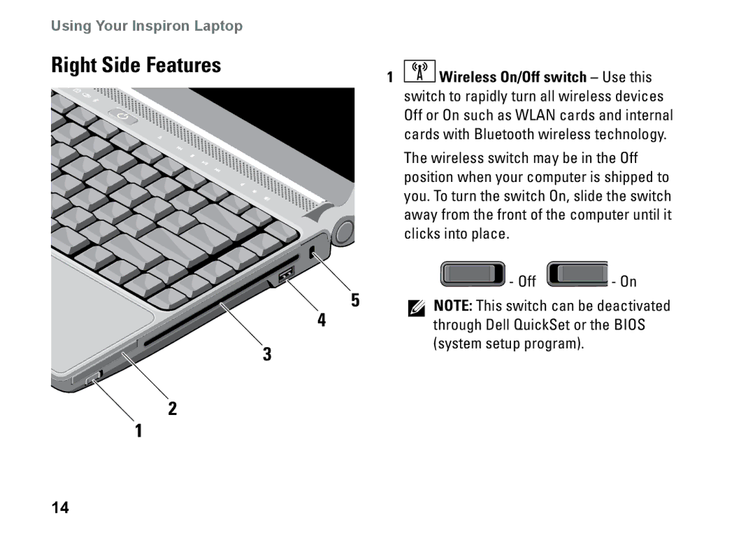 Dell PP25L setup guide Right Side Features, Through Dell QuickSet or the Bios 