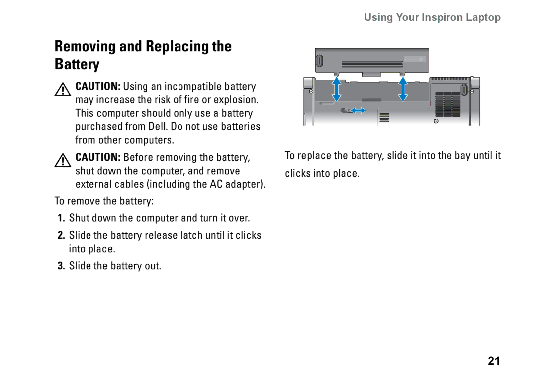 Dell PP25L setup guide Removing and Replacing the Battery 