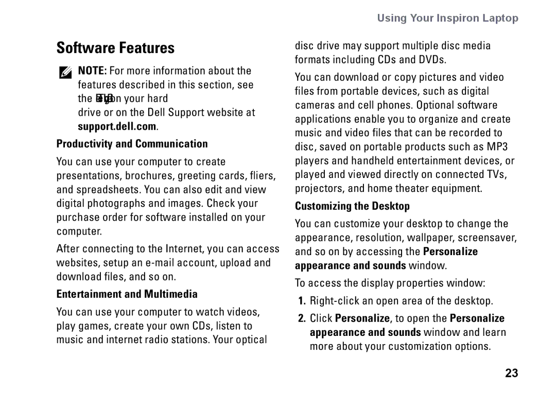 Dell PP25L Software Features, Productivity and Communication, Entertainment and Multimedia, Customizing the Desktop 