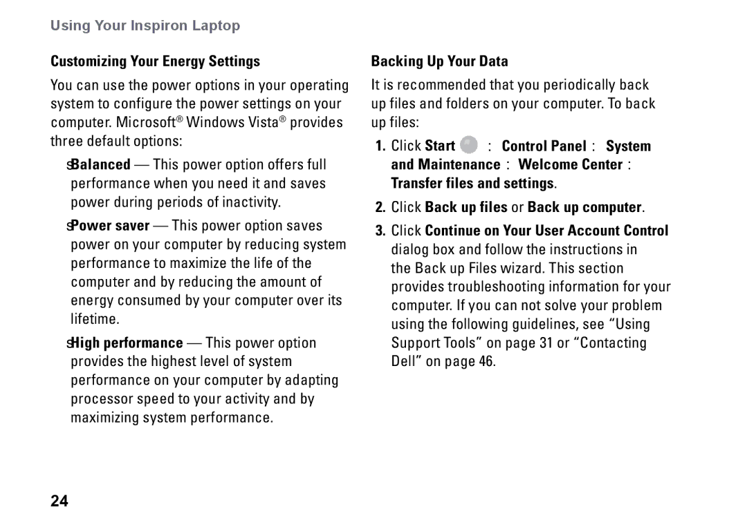 Dell PP25L setup guide Customizing Your Energy Settings, Backing Up Your Data 