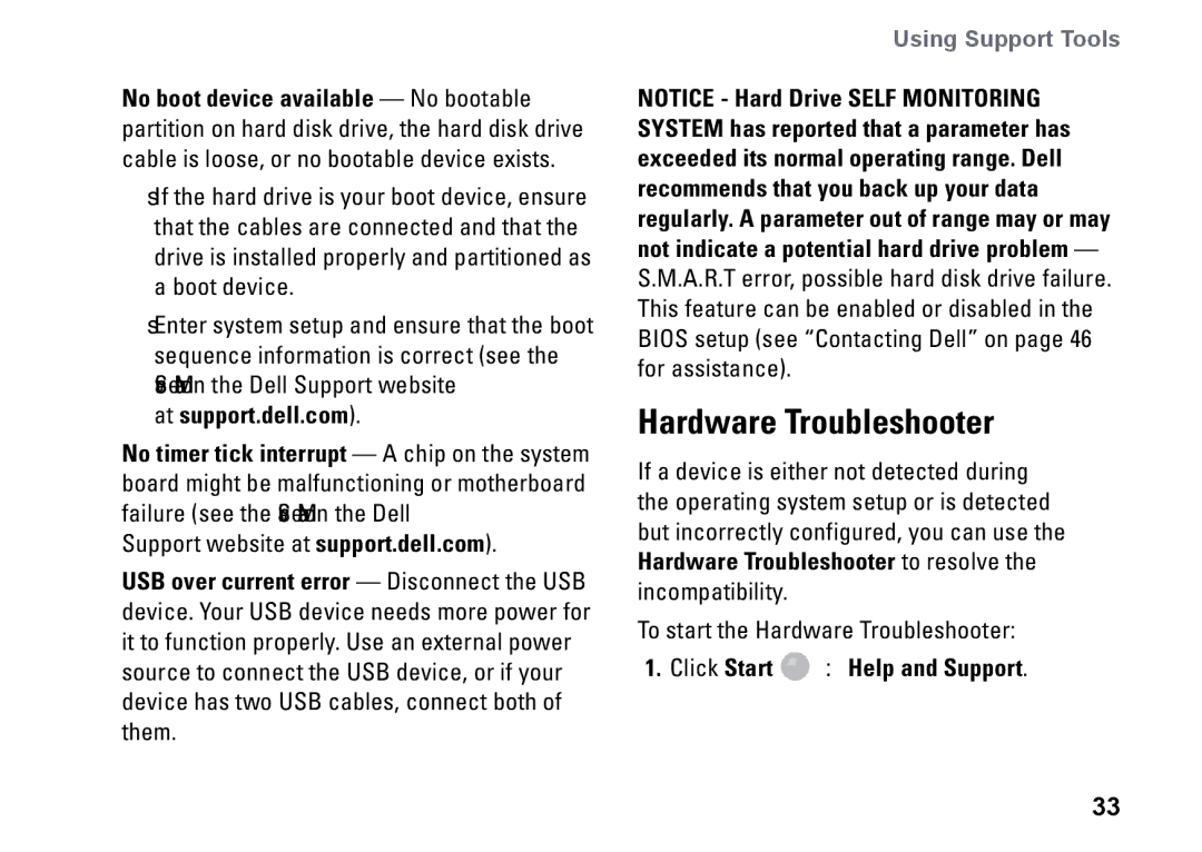 Dell PP25L setup guide Hardware Troubleshooter, Click Start → Help and Support 