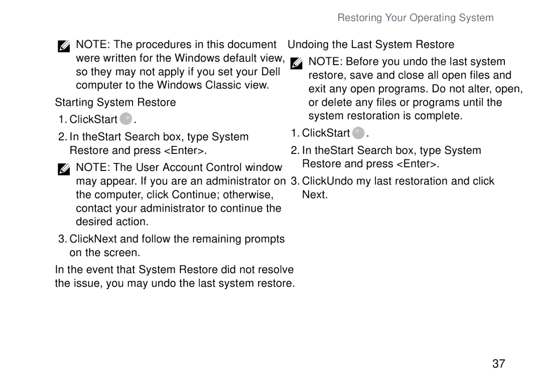 Dell PP25L Starting System Restore, Undoing the Last System Restore, Click Undo my last restoration and click Next 