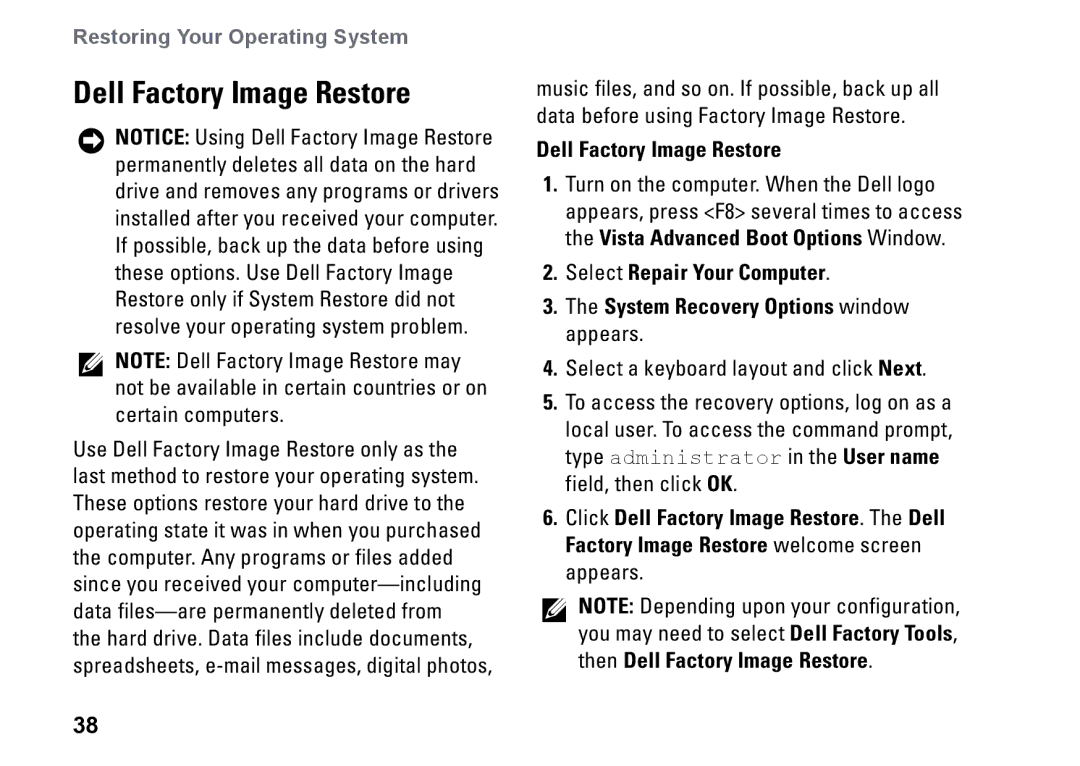 Dell PP25L setup guide Dell Factory Image Restore 