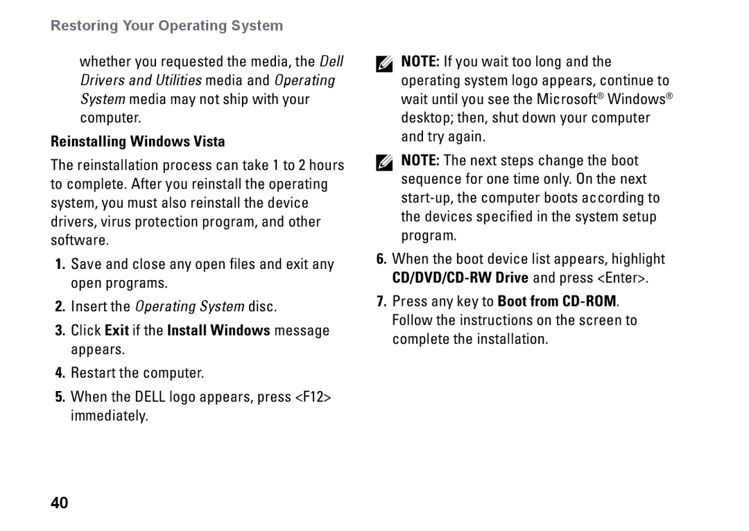 Dell PP25L setup guide Reinstalling Windows Vista, Click Exit if the Install Windows message appears 