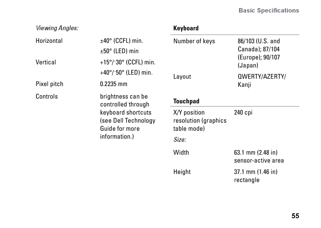 Dell PP25L setup guide Keyboard, Touchpad 