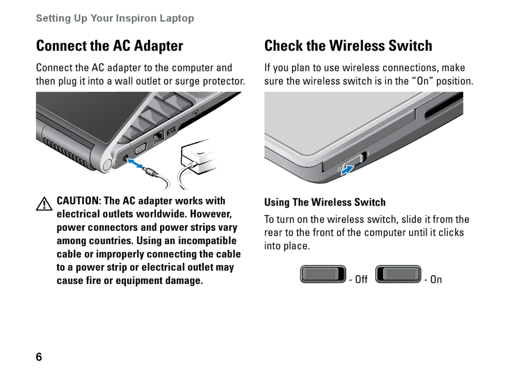 Dell PP25L setup guide Connect the AC Adapter, Check the Wireless Switch, Using The Wireless Switch 