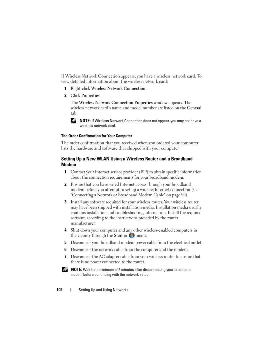 Dell PP26L owner manual Right-clickWireless Network Connection Click Properties, Order Confirmation for Your Computer, 102 