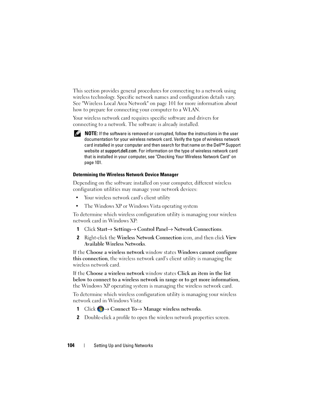 Dell PP26L Determining the Wireless Network Device Manager, Click Start→ Settings→ Control Panel→ Network Connections, 104 