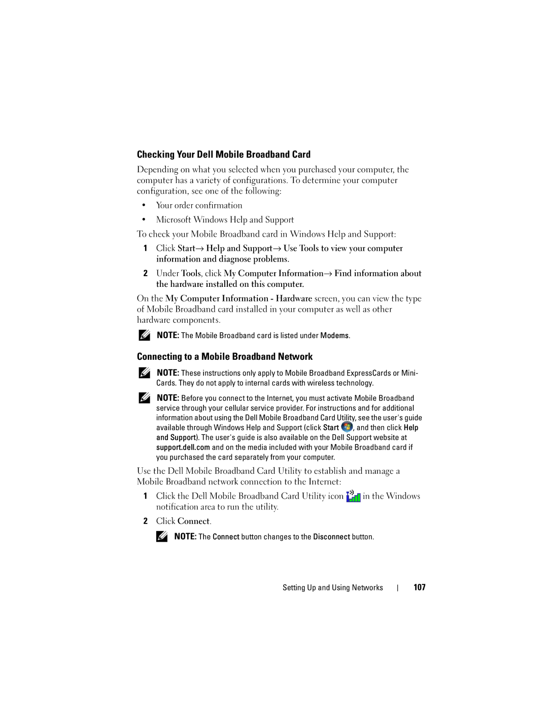 Dell PP26L owner manual Checking Your Dell Mobile Broadband Card, Connecting to a Mobile Broadband Network, 107 