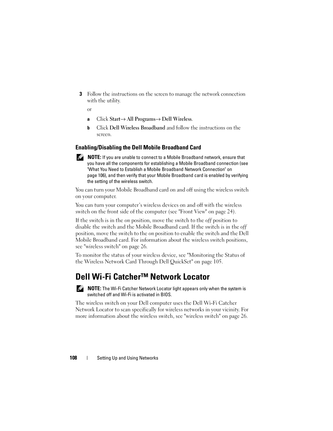 Dell PP26L owner manual Dell Wi-Fi Catcher Network Locator, Enabling/Disabling the Dell Mobile Broadband Card, 108 