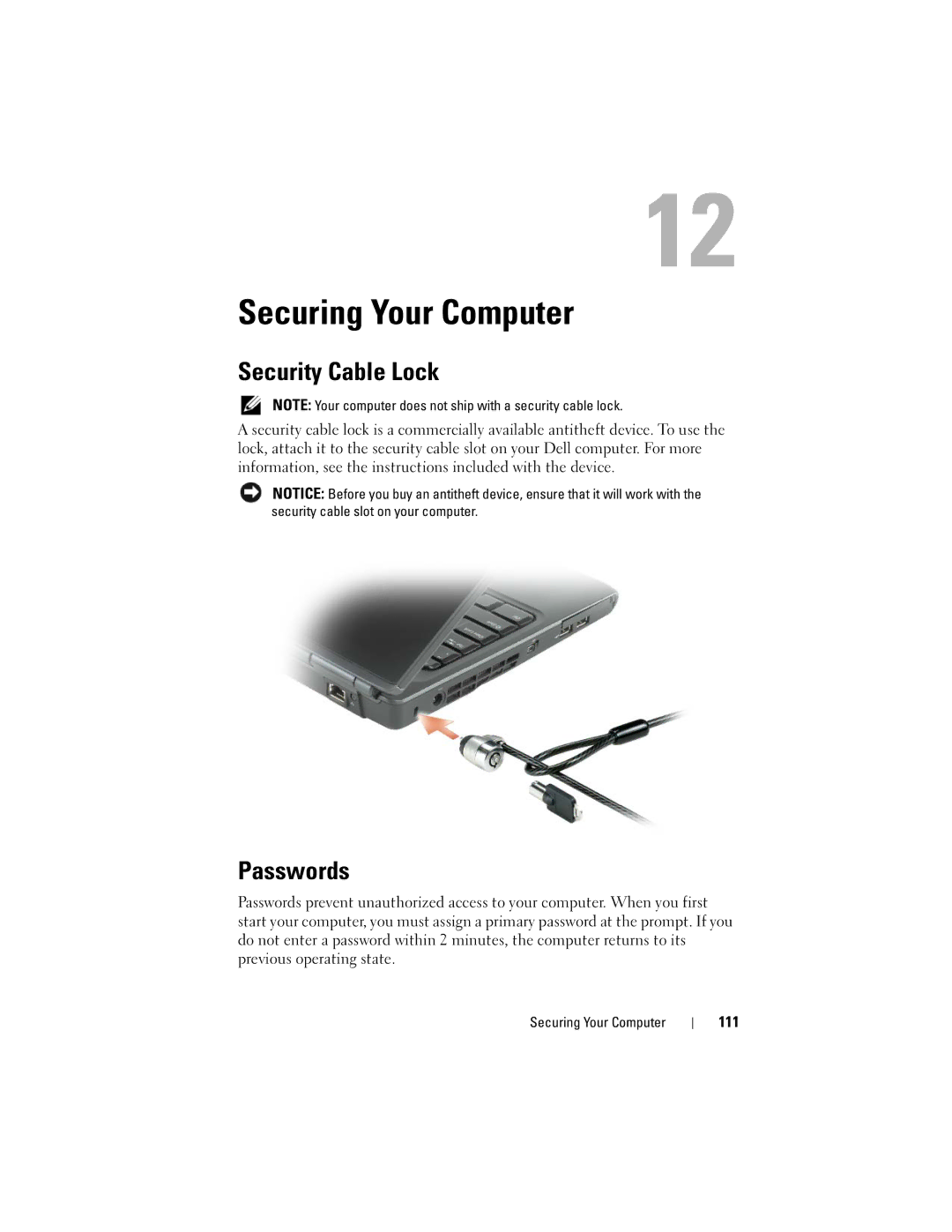 Dell PP26L owner manual Securing Your Computer, Security Cable Lock, Passwords, 111 