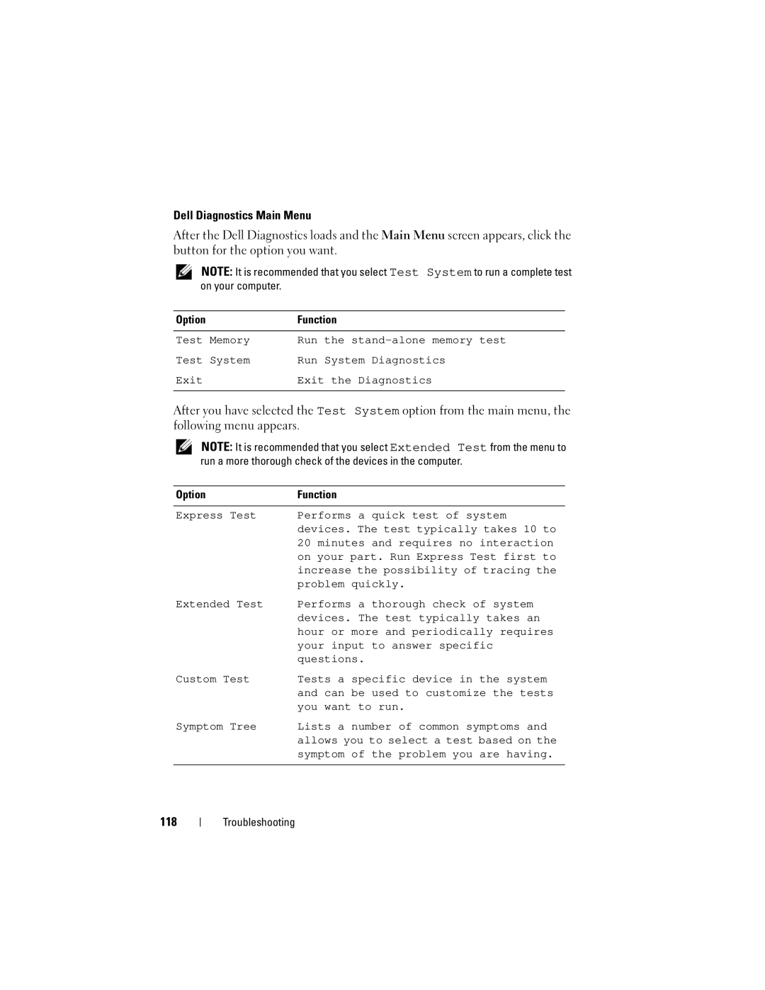 Dell PP26L owner manual Dell Diagnostics Main Menu, 118 