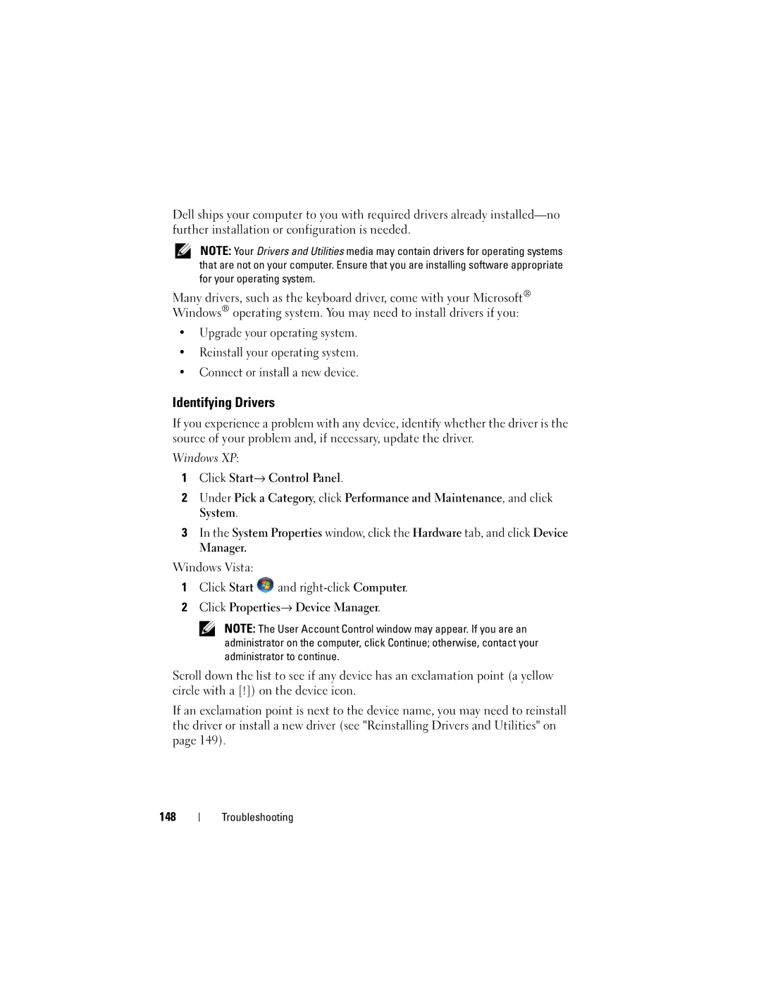 Dell PP26L owner manual Identifying Drivers, Windows XP Click Start→ Control Panel, Click Properties→ Device Manager, 148 